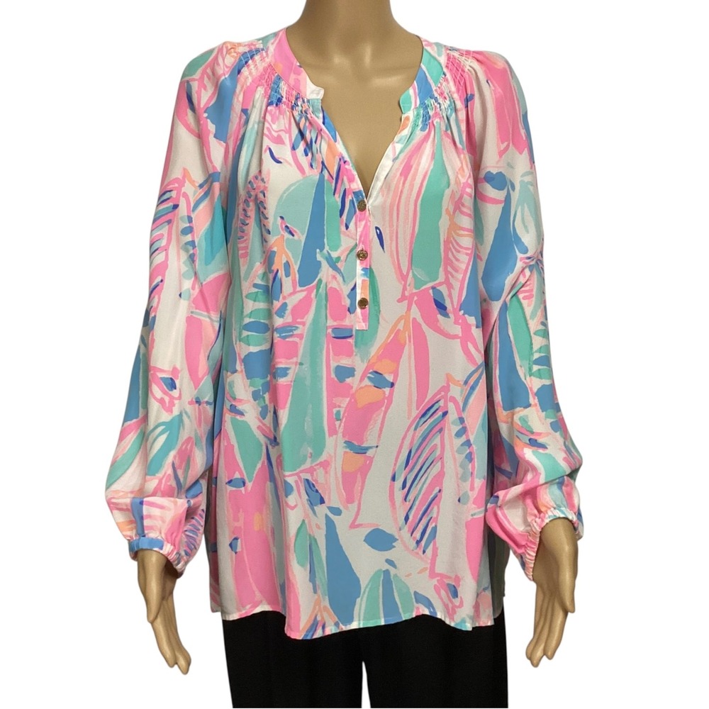 Lilly Pulitzer XL Pink Teal Blue Tropical Silk Split Neck Blouse Top Long Sleeve